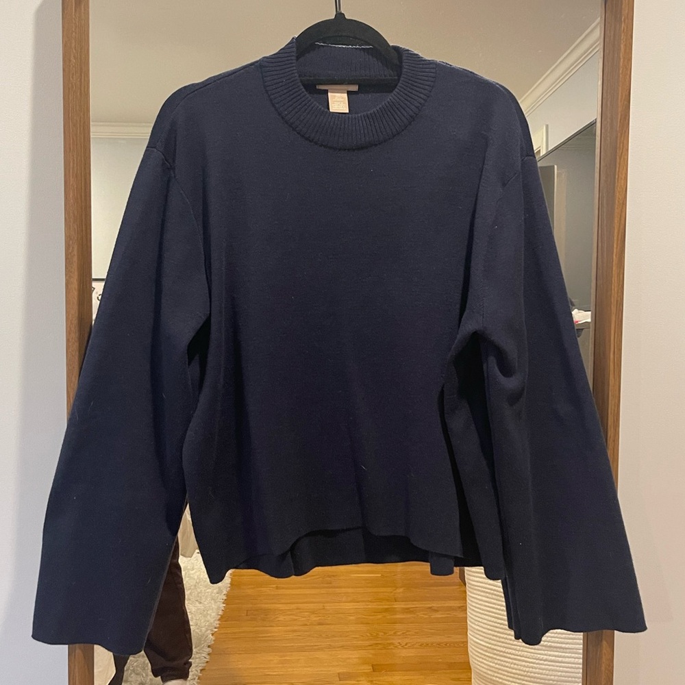 H&M Navy Crew Neck Sweater with Flared Sleeves